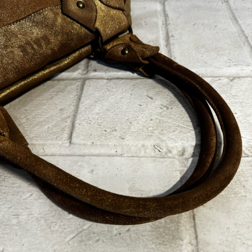 Kale Brown / Gold Metallic Suede Satchel Bag with Pink Suede Interior - Picture 10 of 15